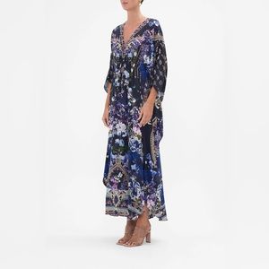 Camilla Gathered Waist Kaftan Maxi Dress In Obsidian Bloom 100% Silk NWT O/S